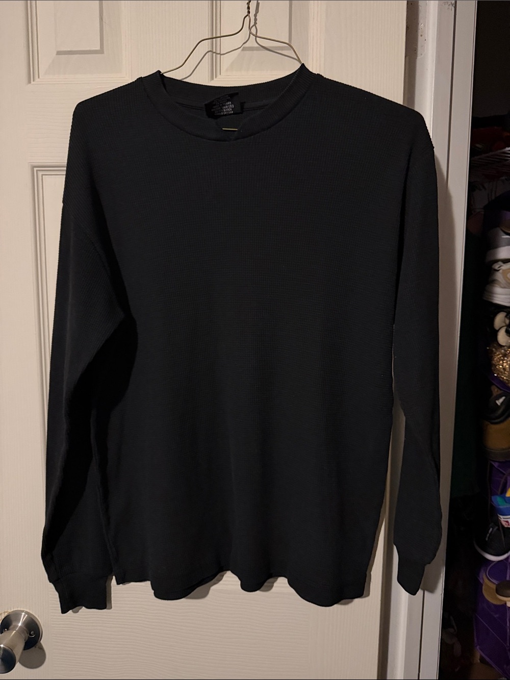 Men's Black Waffle Crewneck Long-Sleeve Shirt